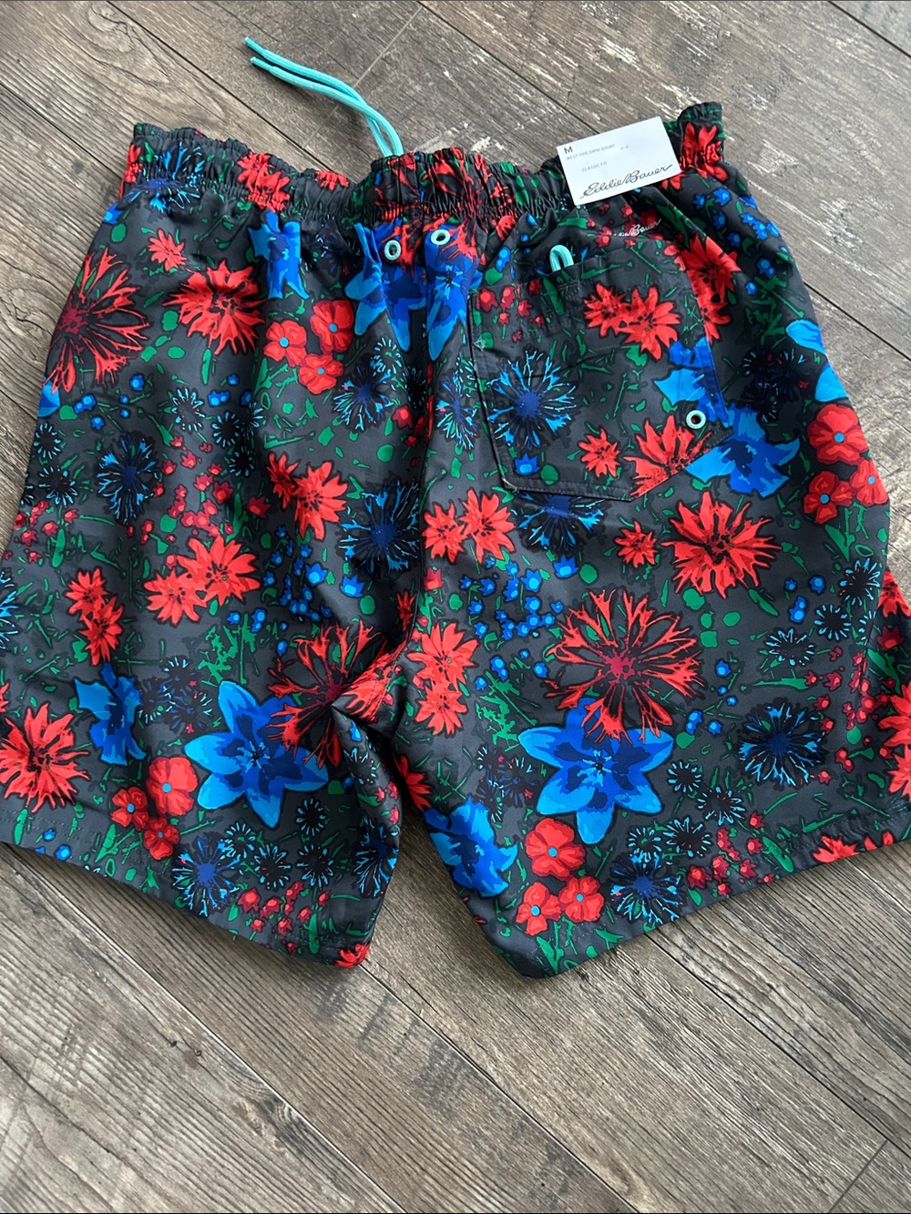 Eddie Bauer Black Floral Swim Shorts with Red & Blue Flowers Men’s M NWT